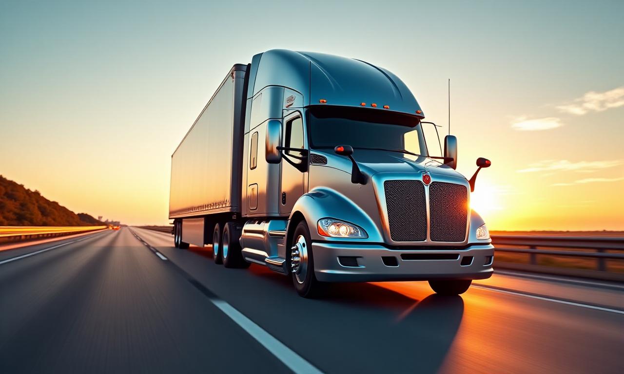 Modern freight truck driving on highway at sunset