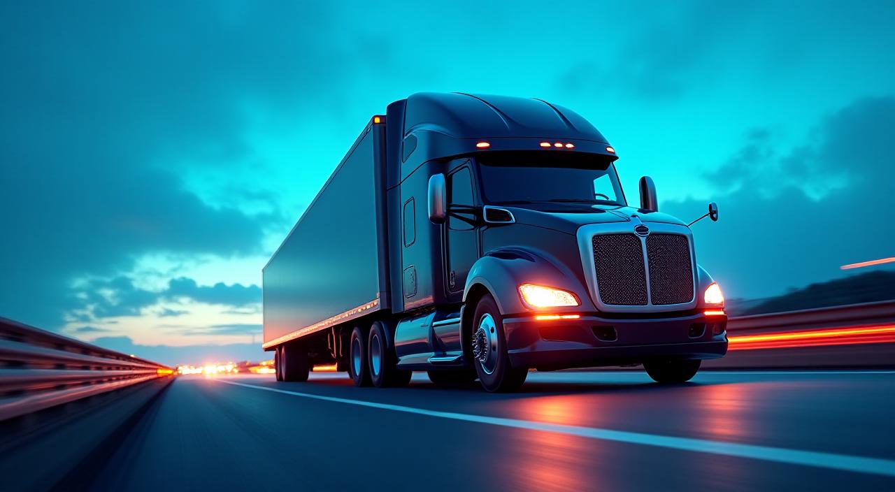 A modern Davis Parcel Freight fleet truck on a highway at dusk